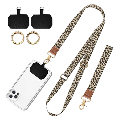 Fashion Leopard Print Universal Phone Lanyard Set Adjustable Crossbody Neck Strap with Short Wristlet and 2 Tabs for All Phones