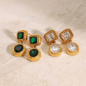 Geometric Drop <b>Earrings</b> 18K Gold Stainless Steel <b>Green</b> Zircon Crystal Bezel Setting Everyday Wear - Product Image 1