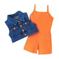 Combinaison tricotée chaude et sans manches Denim gilet costume bretelles body ensemble filles été Onesie vêtements ensemble pour bébés
