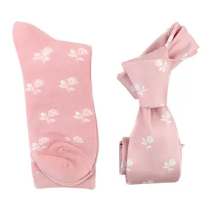 Necktie With Matching Socks Set White Rose Flower Dusty Pink Nice Casual Handmade Polyester Woven Men Tie Necktie And Socks Set