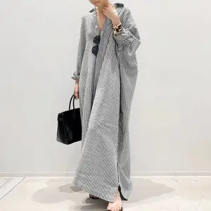 Spring Autumn Casual Loose Maxi Muslim Dress Women Vintage Turn-down Collar Striped Shirt Boho Wedding Office Vestidos 5XL