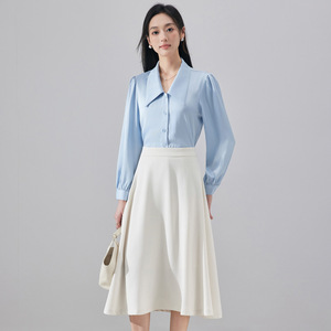 Women's Light Blue Long Sleeve Satin Shirt With Puff Sleeves And Point Collar For Work Wear - Product Image 4