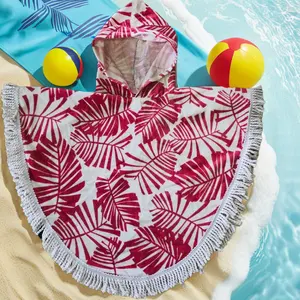 New Sand Proof Custom Print 100% Cotton Palm Leaf Adult Kids Beach Poncho Mini Hooded Round Beach Towel with Tassels