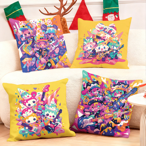 Les oreillers colorés en forme de bande de personnages de dessins animés décorent le salon confortable avec des chaussettes de Noël festives et des bois de rennes. - Product Image 1