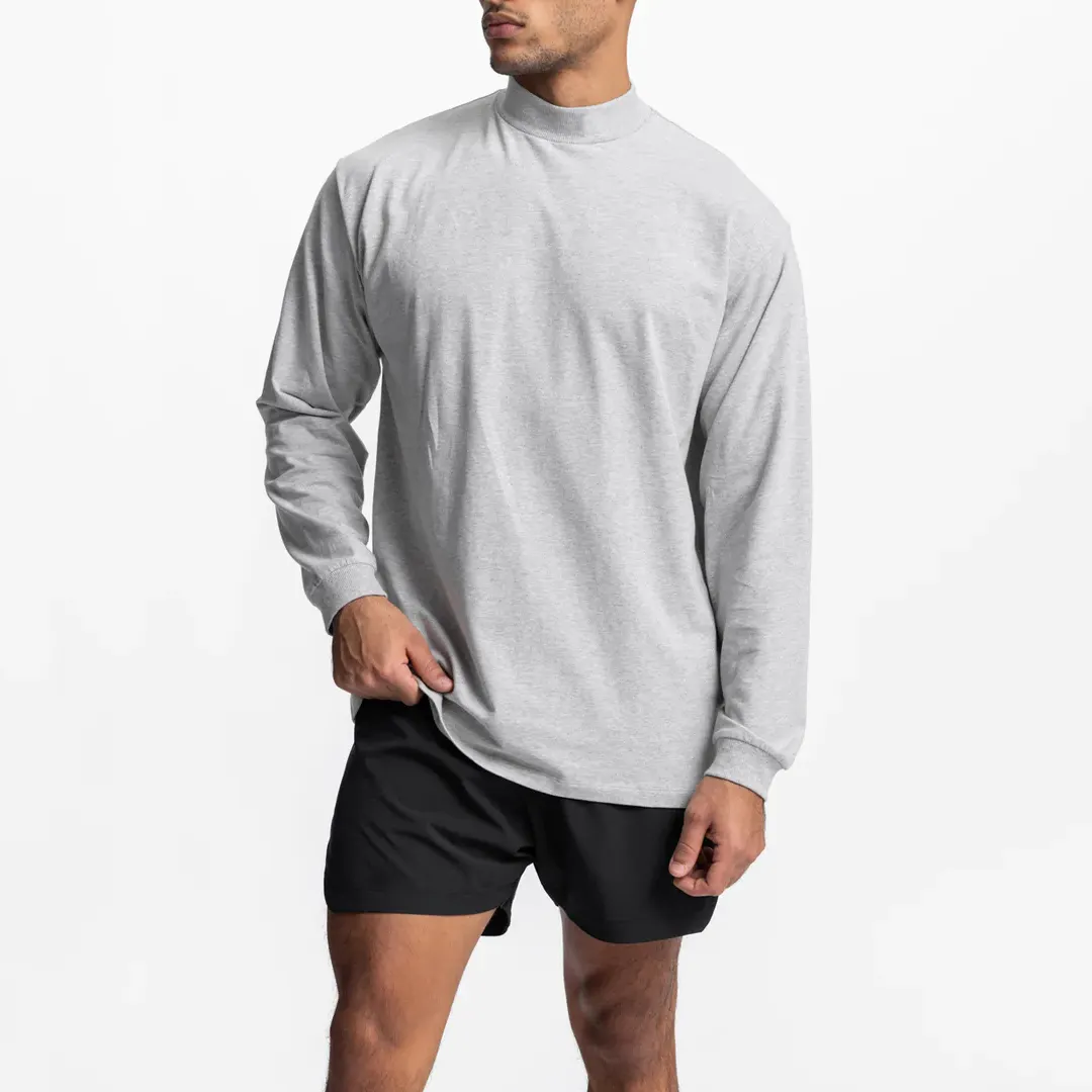 New Design Customization Jogging Gym Relaxed Mock Neck Long Sleeves Tee Shirt Sports Men T Shirts
