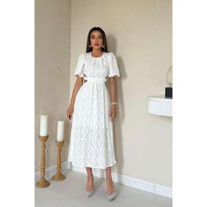 Robe blanche à manches ballon, ceinturée, col rond, coupe trapèze, tissée, respirante, décontractée pour le quotidien, taille naturelle, à nouer - Product Image 6