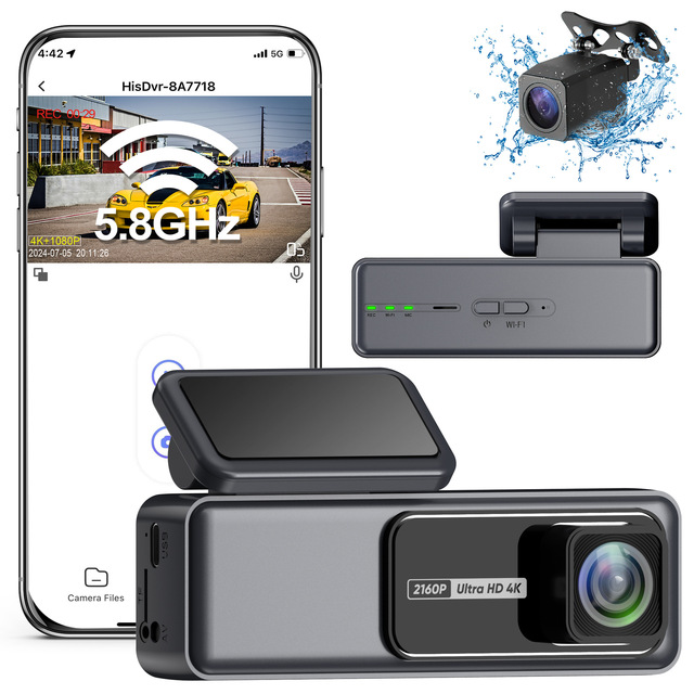 Black Box Voice Prompt Hidden Dashboard with WiFi 4K+1080P Parking Mode Night Vision Front and Rear Dash Cam for Car