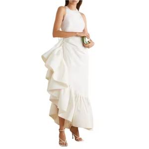 Vestido de mujer personalizable de algodón blanco liso con cremalleras, cuello redondo, abertura alta, maxi, con volantes, para noche - Product Image 1