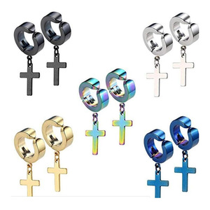 <b>Cross</b> Pendant Clip-on <b>Earrings</b> Zinc Alloy Geometric Design for Street Style Hip-hop Students Guangdong Made - Product Image 1
