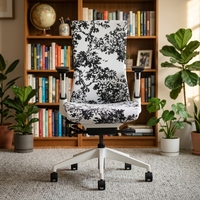 Chaise de bureau ergonomique à dossier haut, motif arbre imprimé sur tissu, base en nylon blanc, pivotante, avec accoudoirs réglables