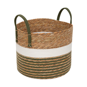 Panier tissé naturel rayé vert et blanc avec corde en coton et poignées, organisateur écologique pour la maison - Product Image 1