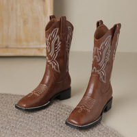 Bottes mi-hautes en cuir de vache véritable à bout carré pour femme, bottes de cow-boy, talons épais