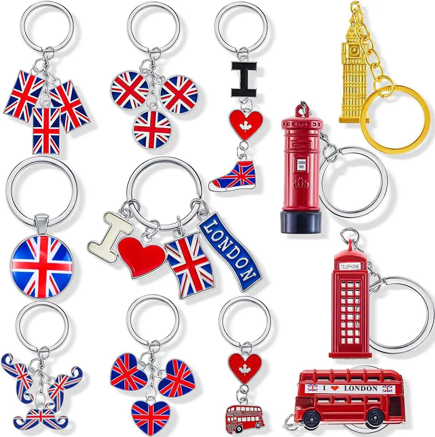 Chaveiro de Londres, lembrança turística do Reino Unido, chaveiro de metal em aço inoxidável para ônibus Big Ben, etc., com design personalizado, em forma de coração, com design personalizado