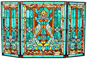Écran de cheminée en vitrail, 3 panneaux, motif floral, décoration traditionnelle, couleur bleue, forme rectangulaire, décoration artistique durable - Product Image 3