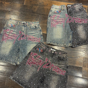 Erkek Vintage Yazlık Kot Şort Özel Tasarım Düz Kesim Taşlı Hafif Örme Kot Sokak Stili Jort - Product Image 1