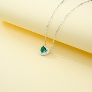 925 Sterling Silver Heart Cut Lab Created <b>Emerald</b> <b>Pendant</b> Necklace, Halo with Diamond Accents Fine Jewelry for Women - Product Image 5