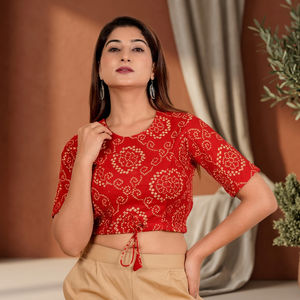 <b>High</b> Quality Vintage <b>Red</b> Floral Printed Cotton Blouse Puff Short Sleeve O Neck Knitted Fabric Wholesale Casual Wear Women's <b>Tops</b> - Product Image 2