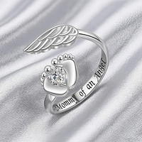 Bague commémorative « Maman d'un ange » avec empreinte de bébé et cœur en zircon, bague ouverte ajustable avec aile d'ange, cadeau de condoléances