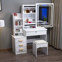 Coiffeuse moderne en acier inoxydable blanc avec miroir LED réglable, tiroirs de rangement, tabouret et fixation murale pour chambre à coucher