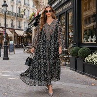 En stock Robe longue à col en V à motifs géométriques en maille à manches évasées avec des perles colorées |   Abaya de fête de luxe, robe de soirée pour femmes musulmanes