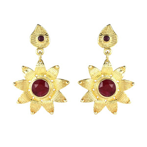 Vintage Gold Plated Brass Ruby Flower Earrings, Minimal <b>small</b> daily wear earrings with pink gemstone For Women Party Jewelry - Product Image 1