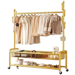 DM Golden Three-Layer Metal High Quality Clothing Rack with Wheels and Storage Shelf for Wardrobe Use - Product Image 3