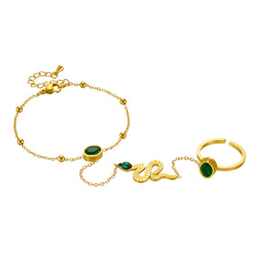 Gold Plated Snake <b>Bracelet</b> <b>Set</b> With Green Stone Open Ring Stainless Steel Chain Animal Design Jewelry For Women - Product Image 5