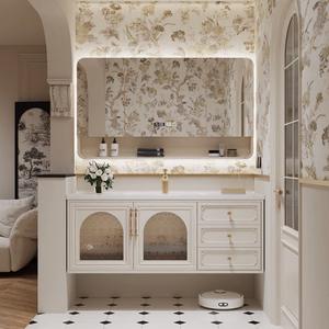High end customized French retro ceramic basin solid wood intelligent <b>mirror</b> cabinet wall mounted bathroom cabinet - Product Image 5