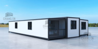 Conteneur préfabriqué extensible de luxe JHCE de 40 pieds, structure en acier noir, design moderne avec fenêtres latérales, hôtel, villa