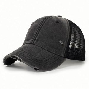 Casquette de baseball en maille à 6 panneaux, non structurée, délavée, effet usé et déchiré, avec logo personnalisé OEM, vente en gros directe usine - Product Image 5