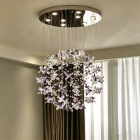 Lustre LED Moderne de Luxe à Fleurs Violettes en Cristal, Taille Moyenne, avec Commande Vocale, Garantie 2 Ans, Idéal Salon, Installation Facile