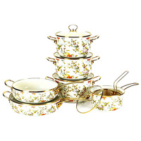 Ensemble de casseroles en émail à motif floral européen, bord doré, double poignée, pot à soupe et à ragoût en émail, compatible avec les cuisinières à induction