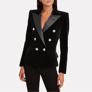 Latest <strong>Black</strong> Women Slim Fit Satin Trim Double-Breasted <strong>Velvet</strong> Blazer <strong>Jacket</strong> - Product Image 3
