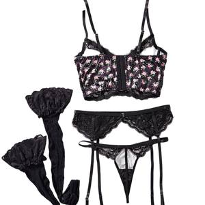 Sexy Flower Print Embroidered Lace Lingerie Set Hot Sell Suspenders Bra and Panty Set With <b>Stockings</b> - Product Image 6