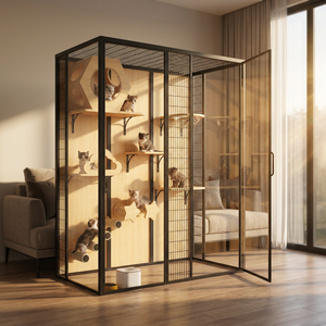 Villa Modular Duradera <span class=keywords><strong>de</strong></span> Madera Maciza para Gatos con Vidrio Templado, Jaula Espaciosa para Mascotas - Product Image 1