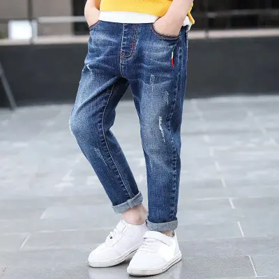 Nouveau Design Enfants Denim Jeans Pleine Longueur Noir Bleu Jeans Garçons Taille Élastique Pantalon Vêtements Pour Enfants