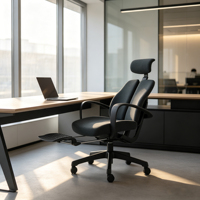 Chaise de bureau exécutive moderne à dossier haut en tissu noir, ergonomique, avec appui-tête réglable, accoudoirs fixes et dossier réglable en hauteur