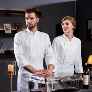 Ensemble d'uniformes de chef à sushi en toile épaisse de haute qualité, blanc pur, avec bouton double ligne et logo personnalisé - Product Image 4