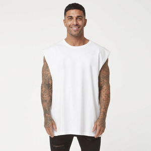Wholesale Breathable PolyesterCotton Men's Tank Top Custom Print Crewneck <b>Dropped</b> Armhole Oversized Gym Tops for Casual Workout - Product Image 1