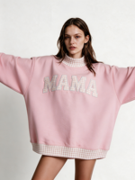 Sweat-shirt à col montant brodé patchwork pour femme, en molleton de coton, manches longues, avec détails contrastants, pull d'automne OEM