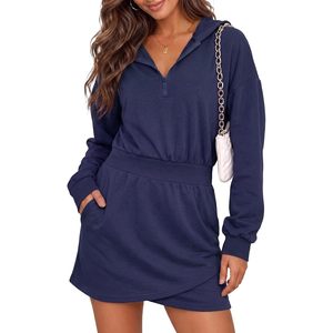 Robe Sweatshirt à Capuche Personnalisée pour Femme, Demi-Zip, Taille Élastique, Manches Longues, Mini-Robe avec Poches Latérales, Coupe Ample - Product Image 1
