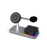 Chargeur sans fil magnétique 3-en-1 en alliage d'aluminium avec horloge numérique, veilleuse LED et charge rapide 15W pour téléphone et écouteurs - Chevet