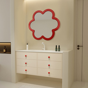 Gabinete de baño minimalista estilo crema, de madera maciza, montado en la pared, con lavabo cerámico integrado, impermeable y con almacenamiento. - Product Image 5