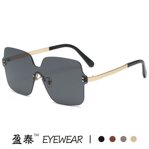 Eyewear Frameless Sunglasses Blue Gradient Lens UV400 Women's Fashionable Sunshades Gold Metal <b>Frame</b> - Product Image 2