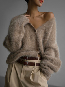 Cárdigan de punto de <span class=keywords><strong>lana</strong></span> de visón para <span class=keywords><strong>mujer</strong></span>, estilo europeo-americano, otoño-invierno 2025, informal, holgado, manga regular, cuello en V, suéter abotonado - Product Image 1