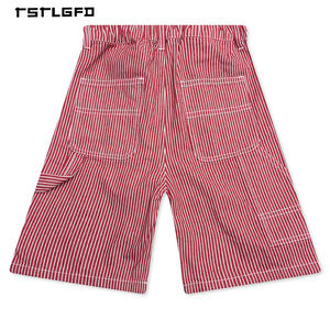 Shorts décontractés pour hommes, longueur genou, coupe ample, 100% coton, rayures verticales rouges et blanches, style streetwear - Product Image 3