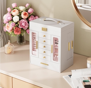 Biểu Tượng Tùy Chỉnh PU Trắng Hộp Đồ Trang Sức Tổ Chức Với <span class=keywords><strong>Top</strong></span> Nắp Và Gương Và Có Thể Tháo Rời Ngăn Kéo Cho Nhẫn, Dây Chuyền Và Bông Tai - Product Image 4