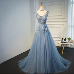 Blue Long Evening Gown Women V Neck Sequined Stage Performance Dress Solid Color Polyester Fabric - Product Image 1