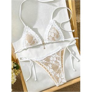 FOXA Women's 2 Piece Lace <b>Bikini</b> Set Ruffled Halter Triangle <b>String</b> Tie Side Cheeky Bathing Suit - Product Image 3