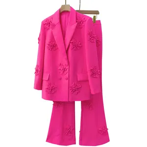 Setelan kerah jaket musim semi wanita mantel Fuchsia panjang penuh celana panjang gaya busana set pakaian bunga 2 potong stok tersedia